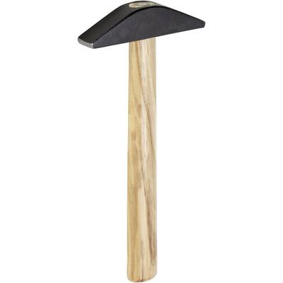 A hammer with a black metal head and wooden handle, standing upright.