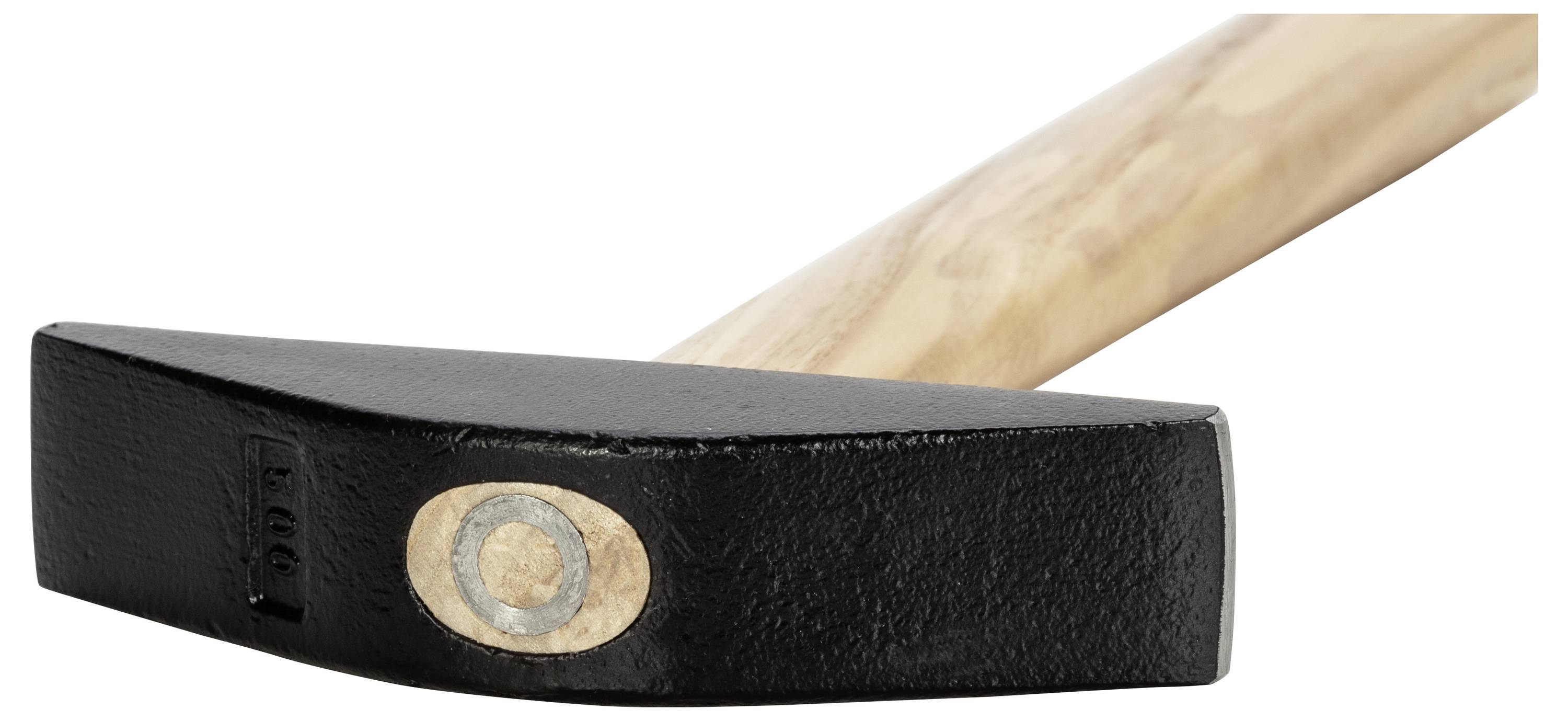 A hammer with a wooden handle and a black steel head, lying on its side.