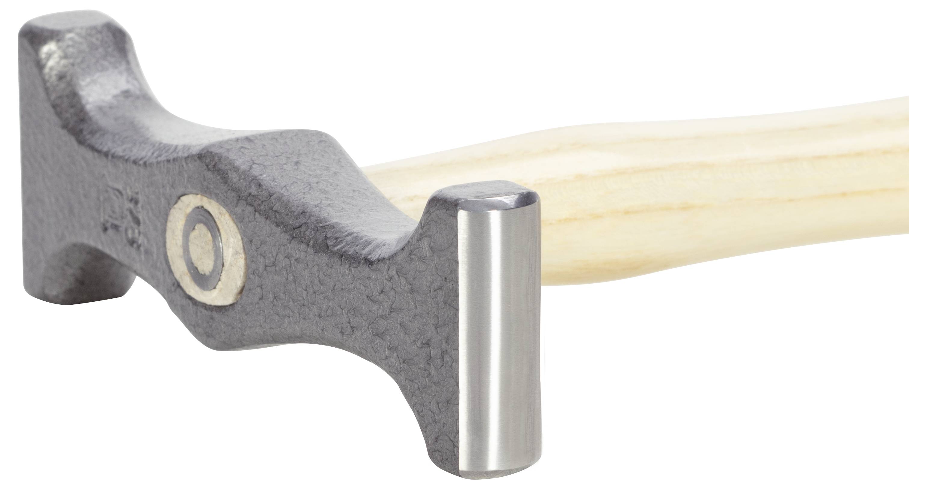 Black double-headed hammer head with a round target point, mounted on a light wooden handle. Tool for precision work.