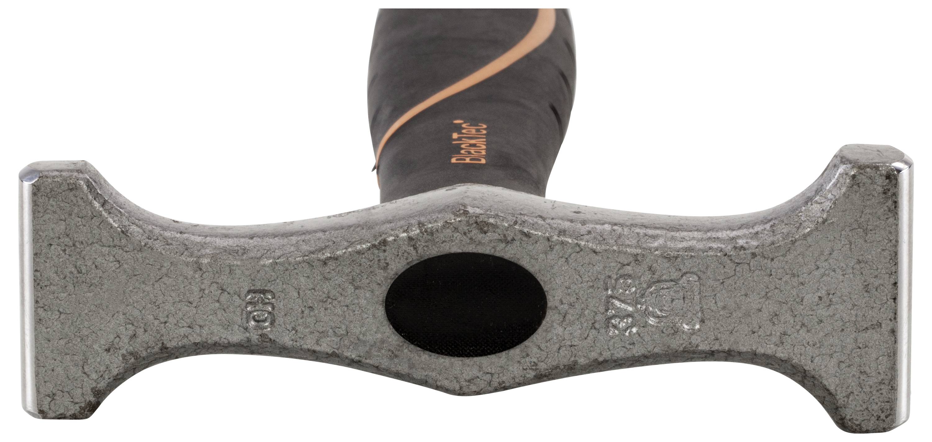 A hammer head with an oval opening in the middle, with a black handle attached, featuring an orange stripe.