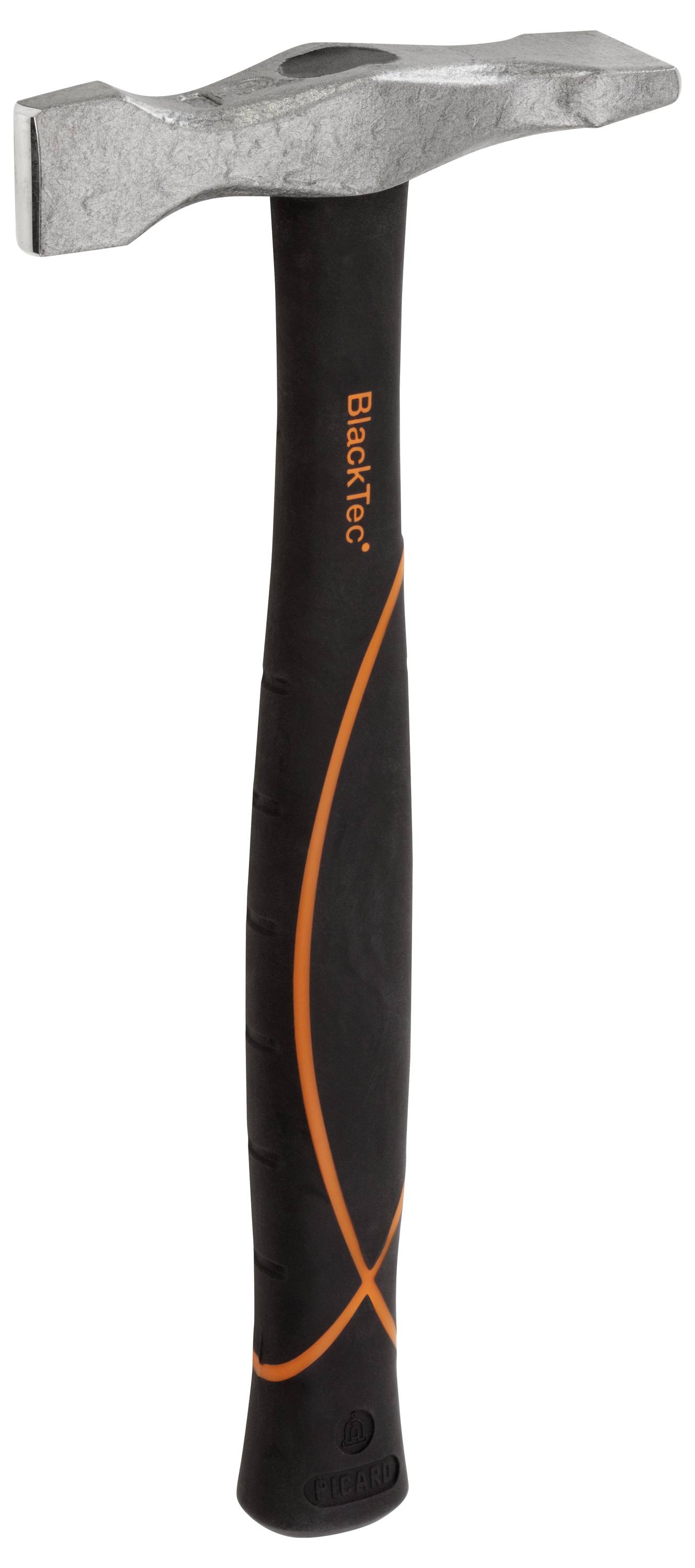 A hammer with a black handle and orange stripe, with a silver head on top, suitable for DIY and manual work.