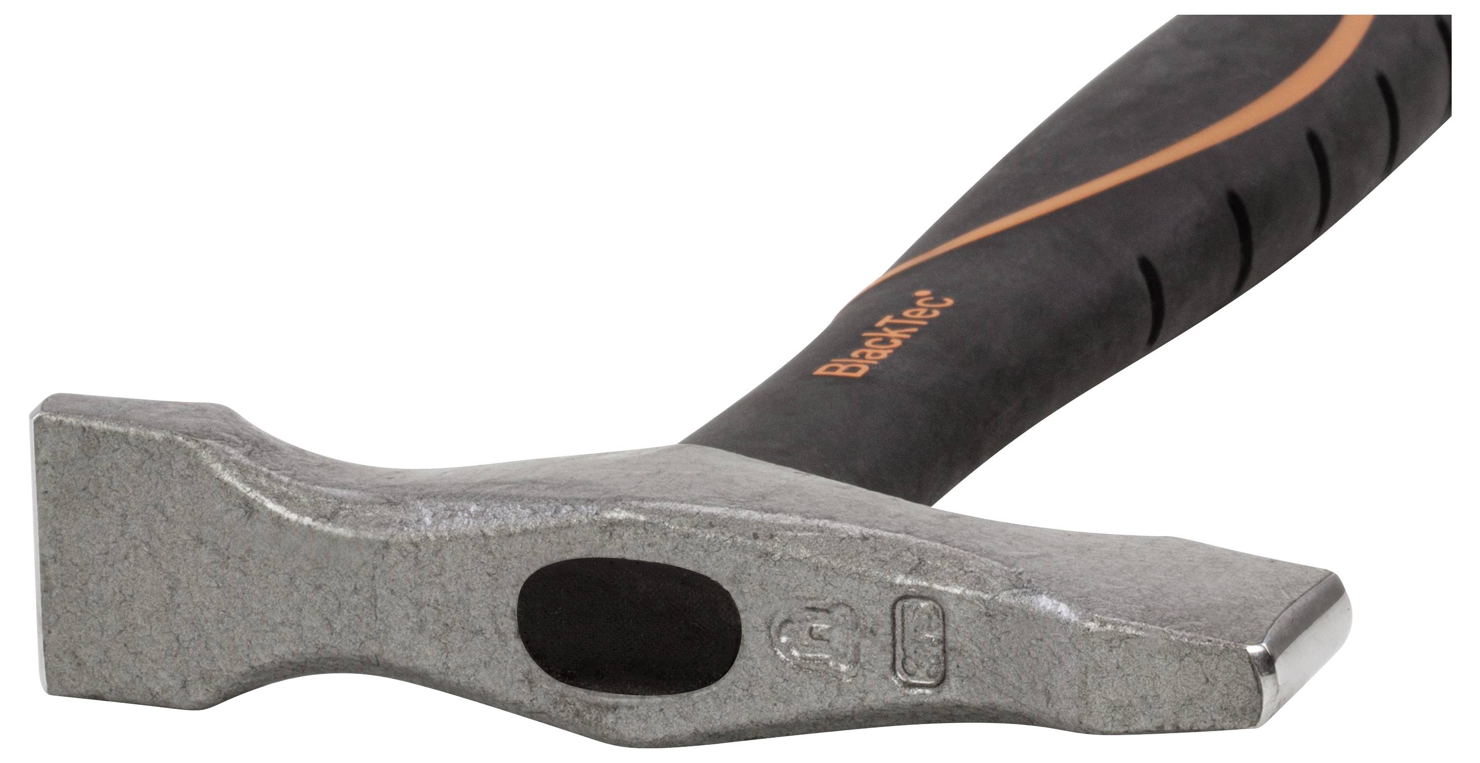 A hammer with a grey head and black handle with an orange stripe, suitable for DIY and manual work.