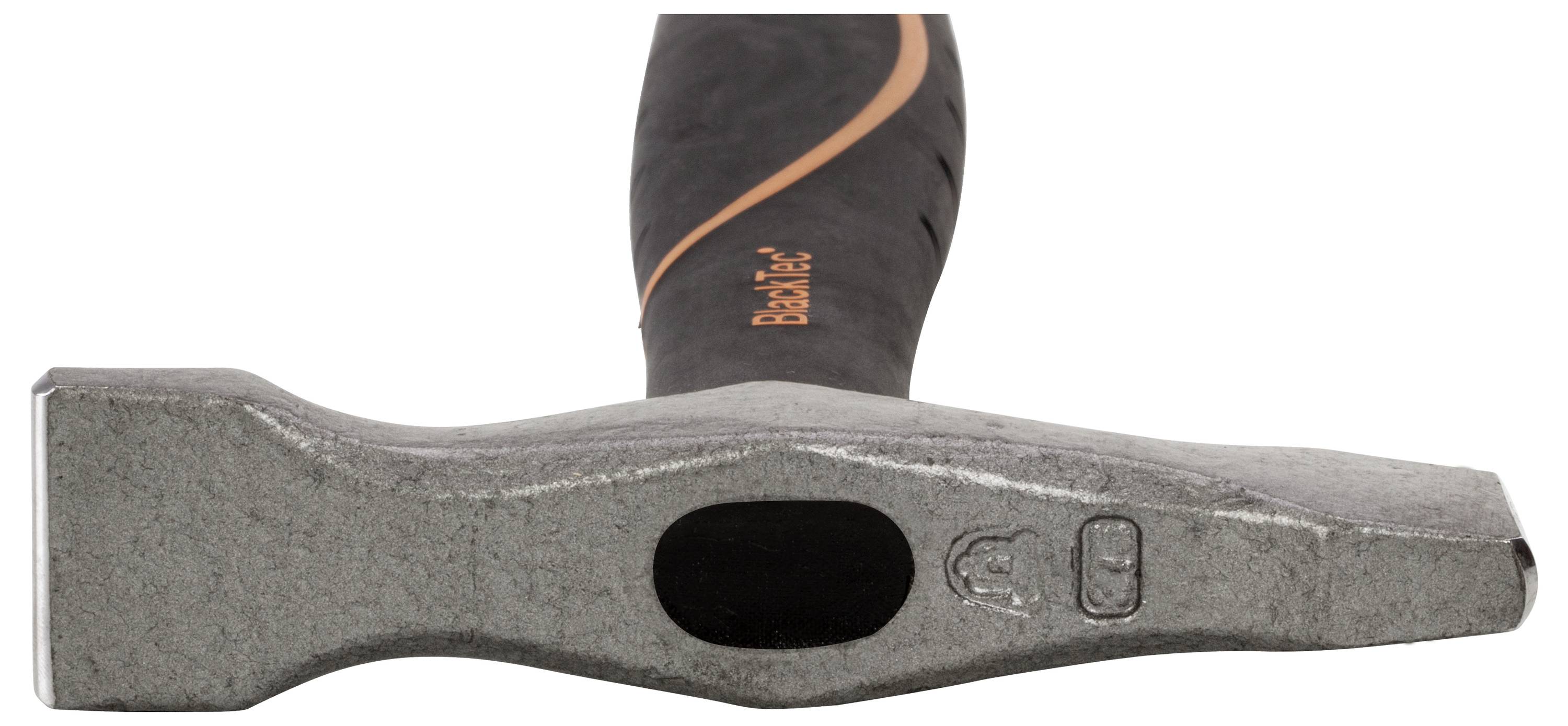 Hammer with an ergonomic handle and orange detail, featuring a flat metal head.