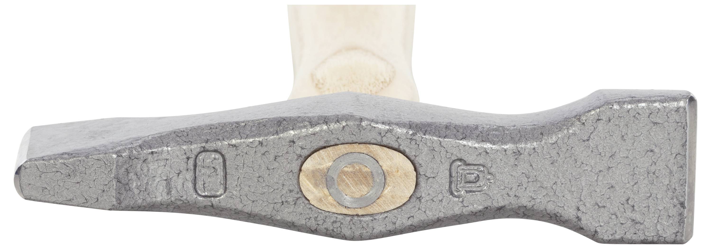 Hammer in close-up with a wooden handle, metal head. View shows the top of the hammer with its characteristic shape and details.