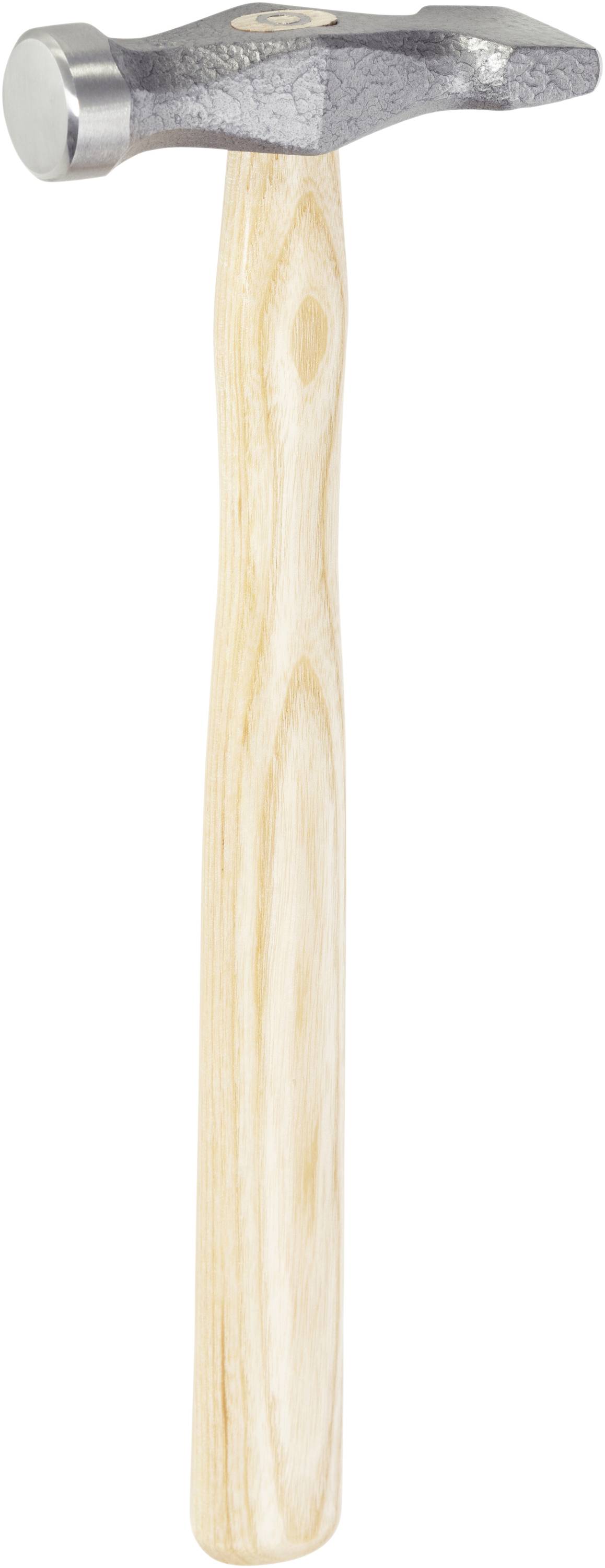 A hammer with a smooth metal head and a light wooden handle. Suitable for driving in nails or for light construction work.