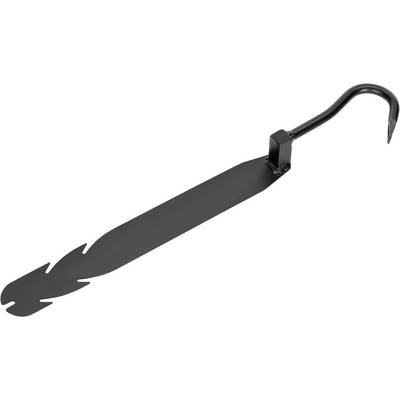 A black, long, narrow steel pan lid lifter with a curved handle.