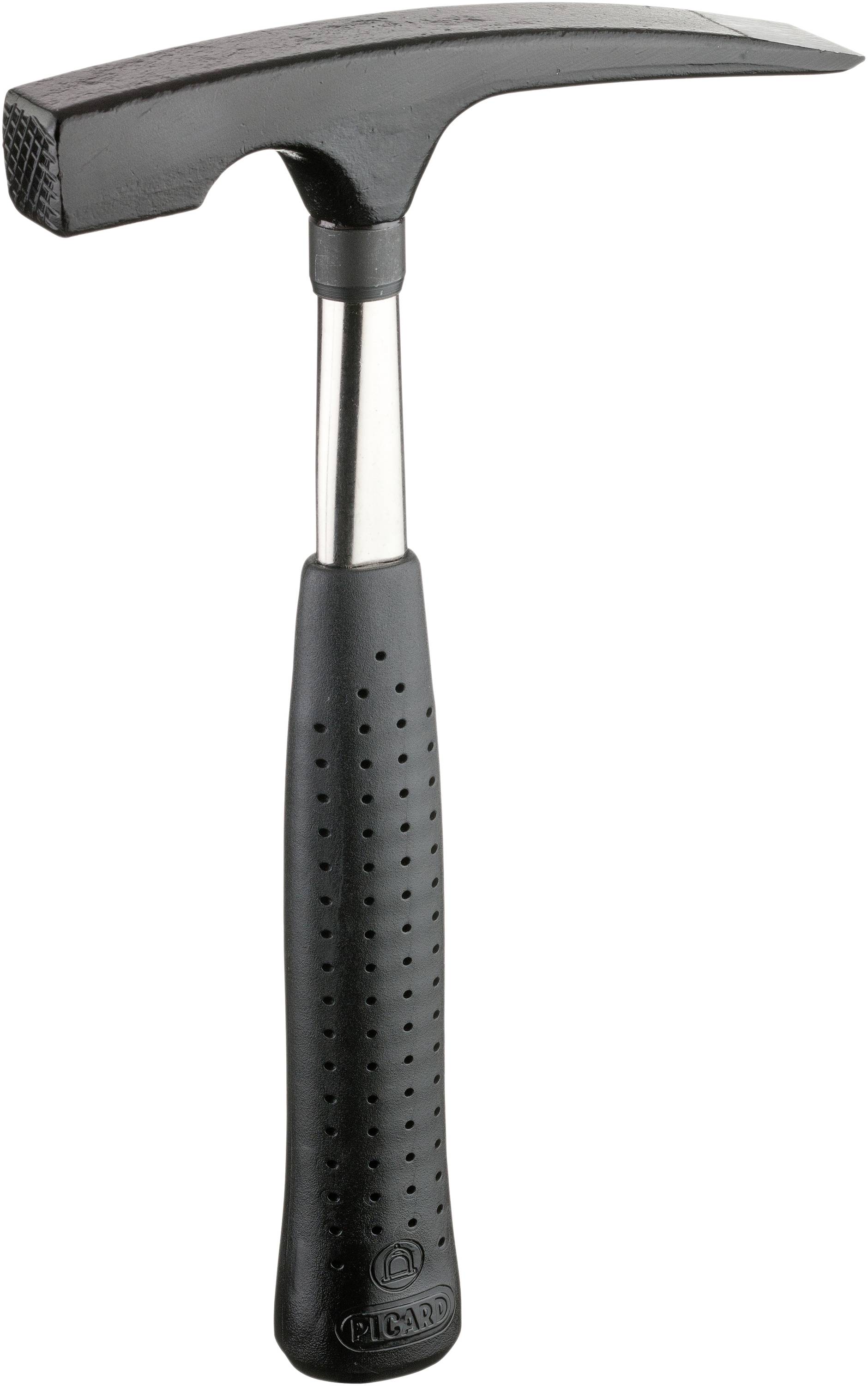A black hammer with a rubber grip and flat head lies on a white background. Ideal for carpentry or construction work.