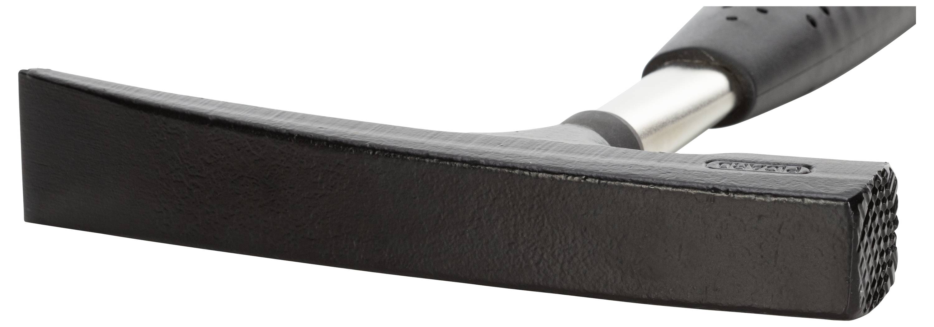 A black tiling hammer with a rectangular head and non-slip handle lies on a white surface.