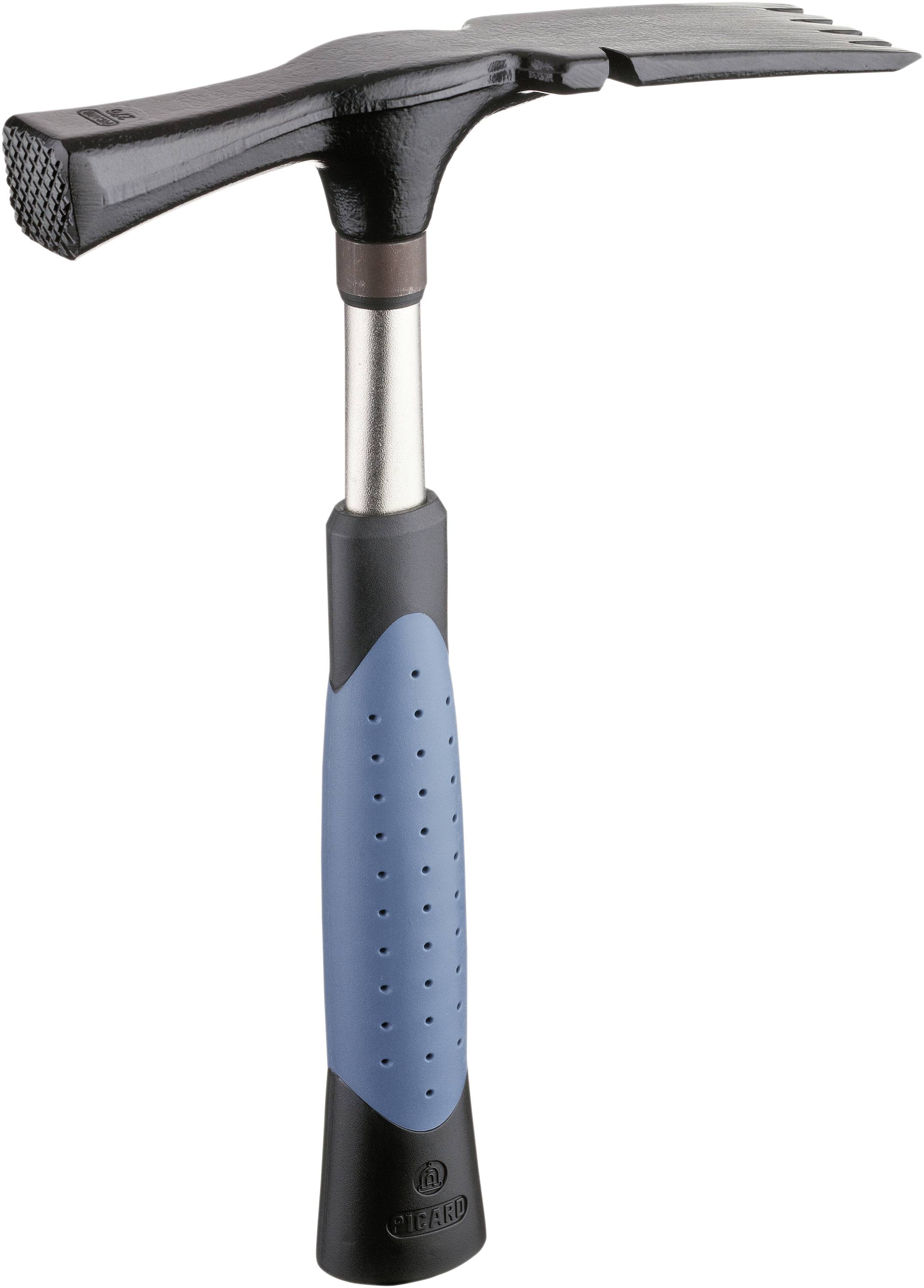 A hammer with a two-tone handle: Black and blue, with flat and serrated head sides for versatile applications.