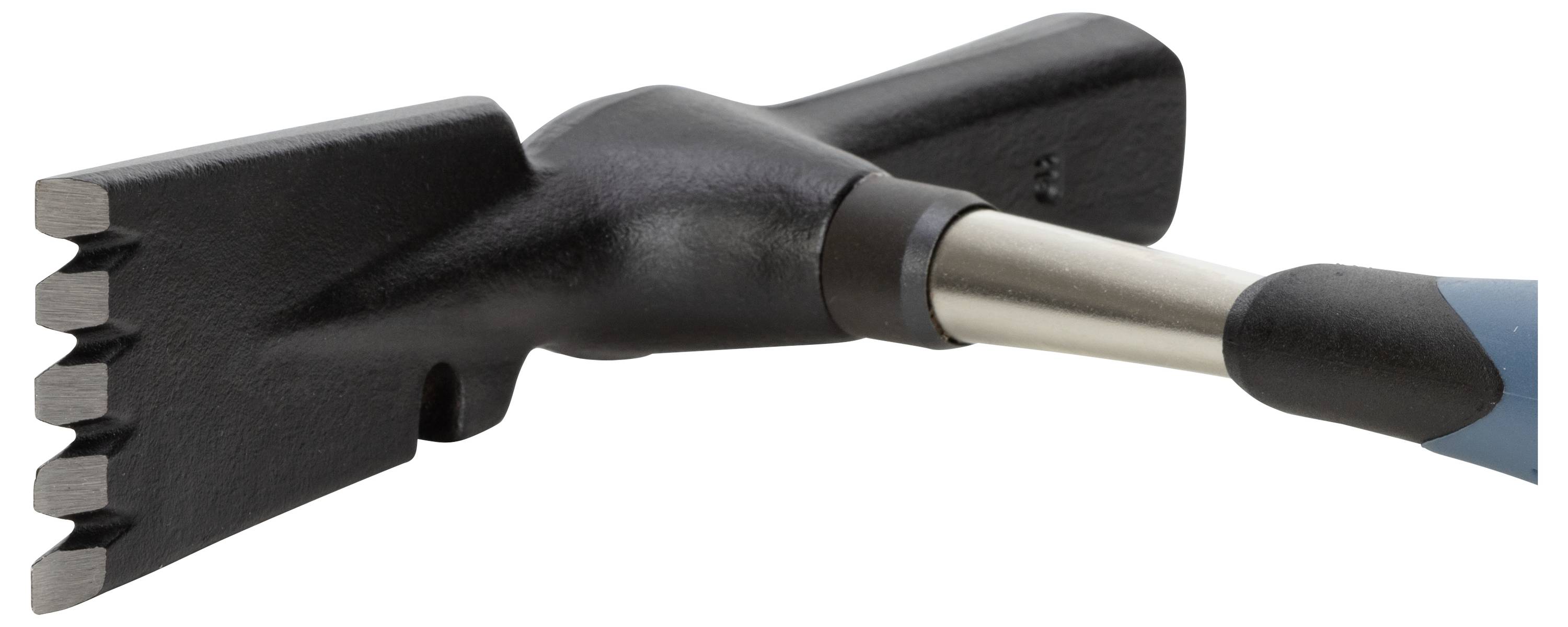 A brick hammer with a serrated hammer face and a blue-black handle, used in construction for working with bricks.