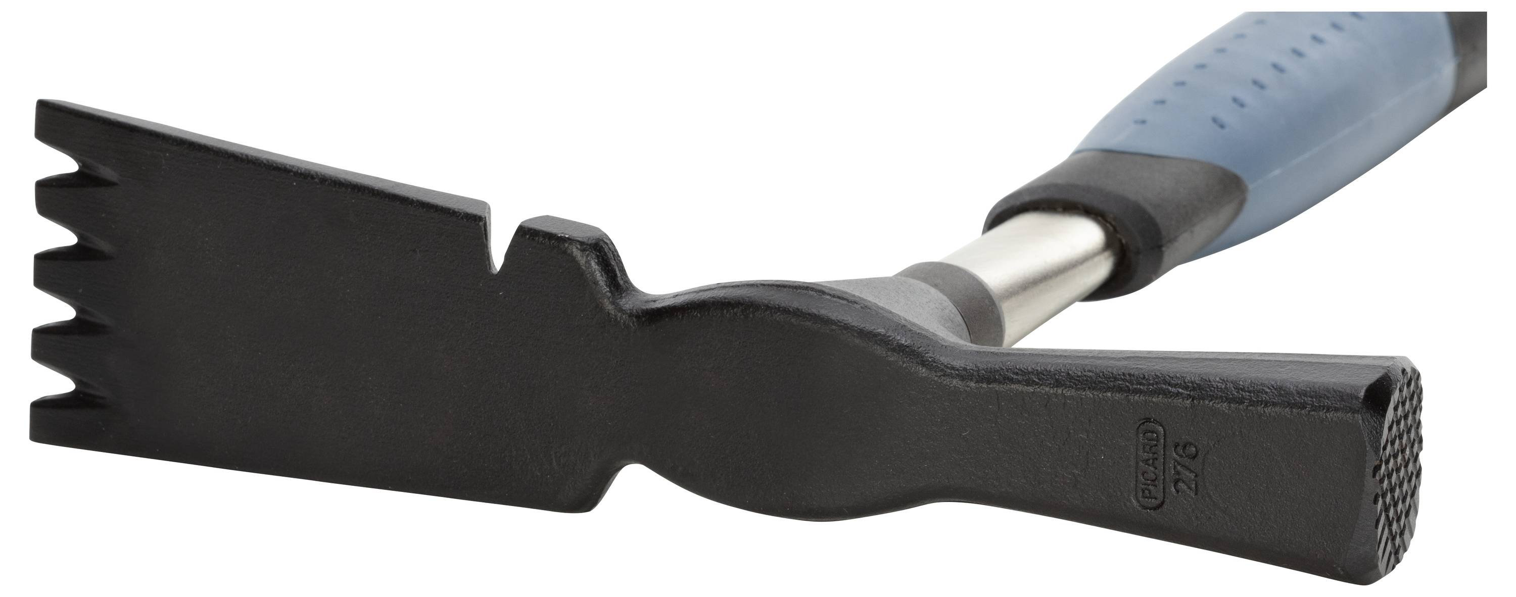 A picture of a masonry hammer with a blue rubber-coated handle and a serrated point, suitable for brickwork.