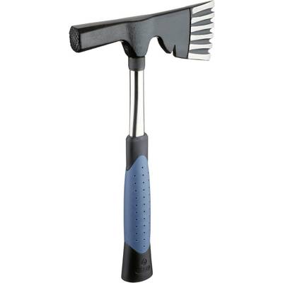 A black geological hammer with a metal head featuring both a flat striking surface and sharp points on the reverse side.