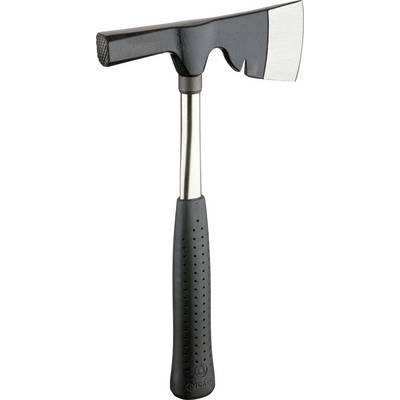A combined axe and hammer with a black, rubberised handle and a metal cutting edge. Suitable for outdoor activities.