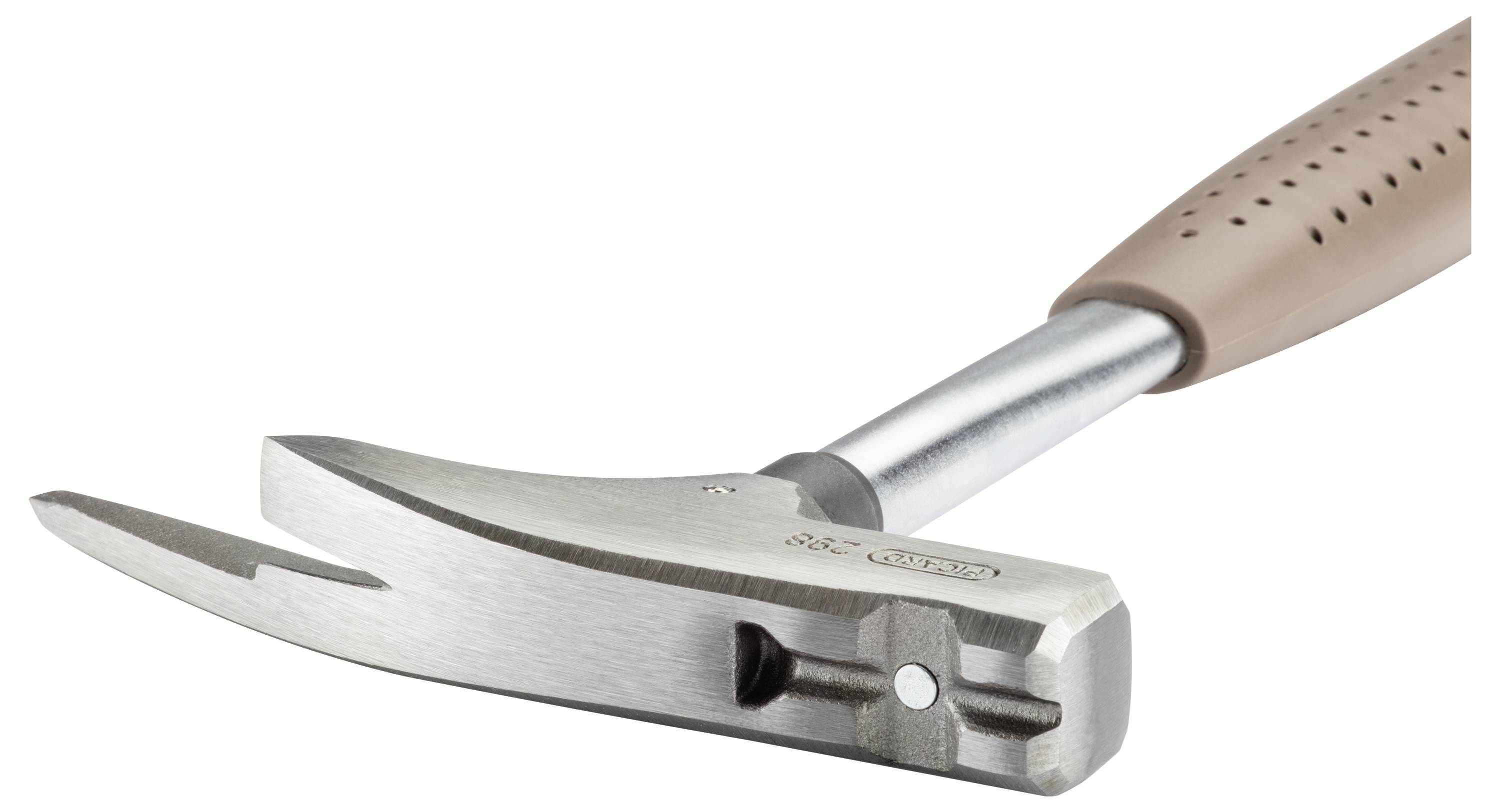 A claw hammer with a wooden handle, suitable for hammering in nails and removing nails using the claw on the back of the hammer.