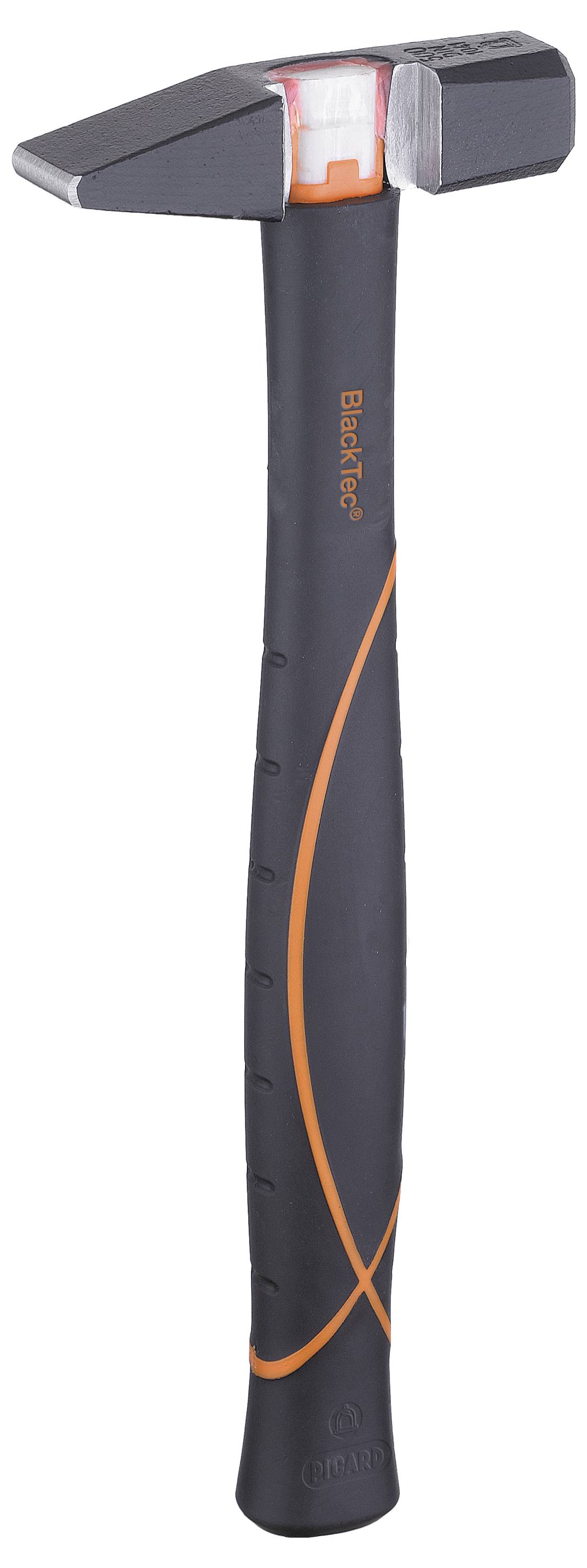 A black hammer with orange details and a rectangular head.