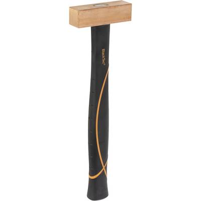 A hammer with a black handle and orange design. The head is angular and consists of a reddish metal.