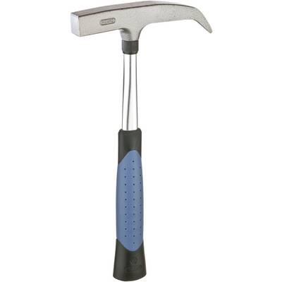A silver masonry hammer with a blue, rubberised handle is standing upright. The head has a pointed and a flat side.