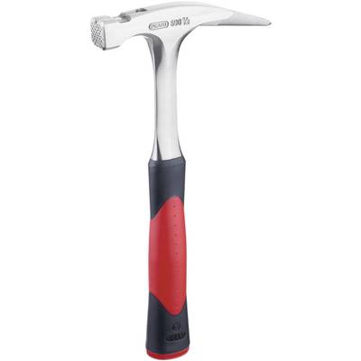 A silver hammer with a black and red handle.