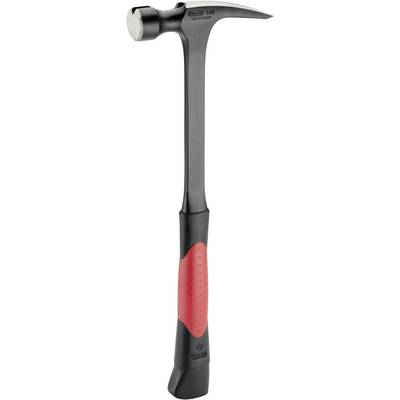 A black hammer with a red handle, suitable for construction work and DIY projects.
