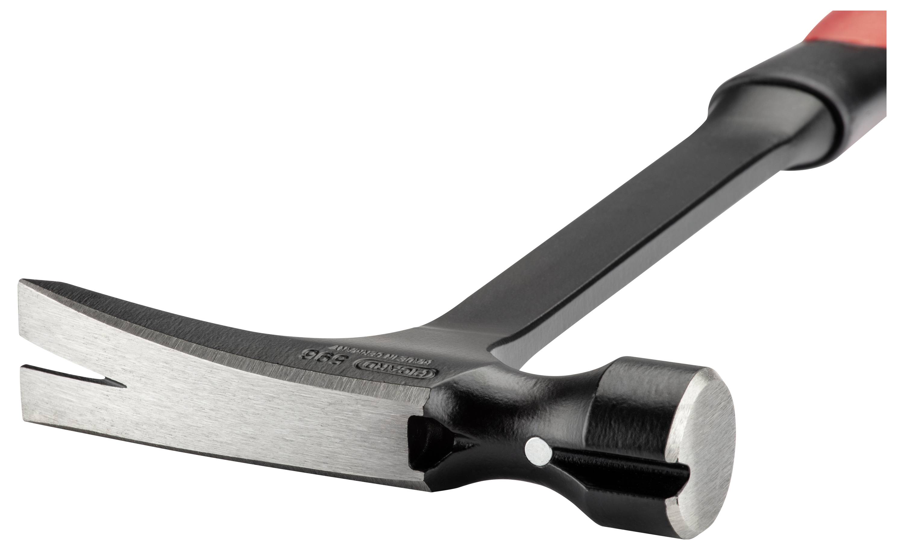 Hammer with a black handle and red-tipped end, detailed view of the head showing the claw and striking surface. Ideal for carpentry work.