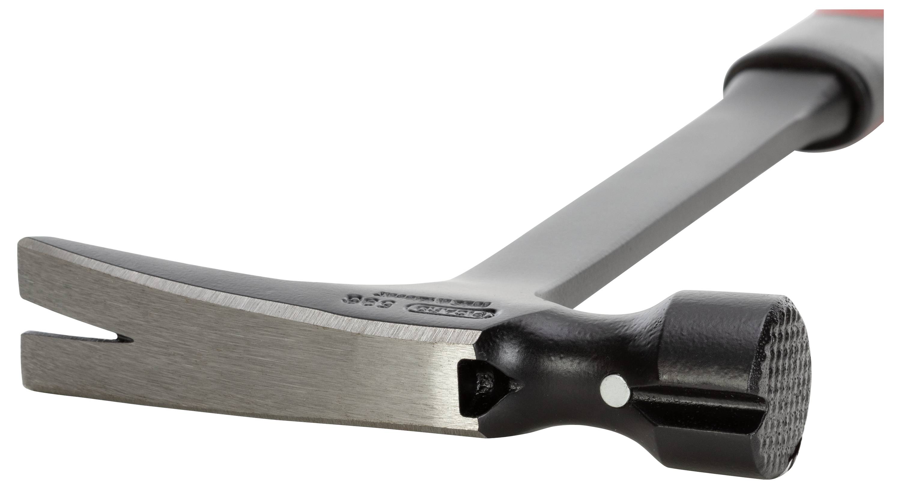 A steel hammer with a non-slip grip and curved claw for pulling out nails.