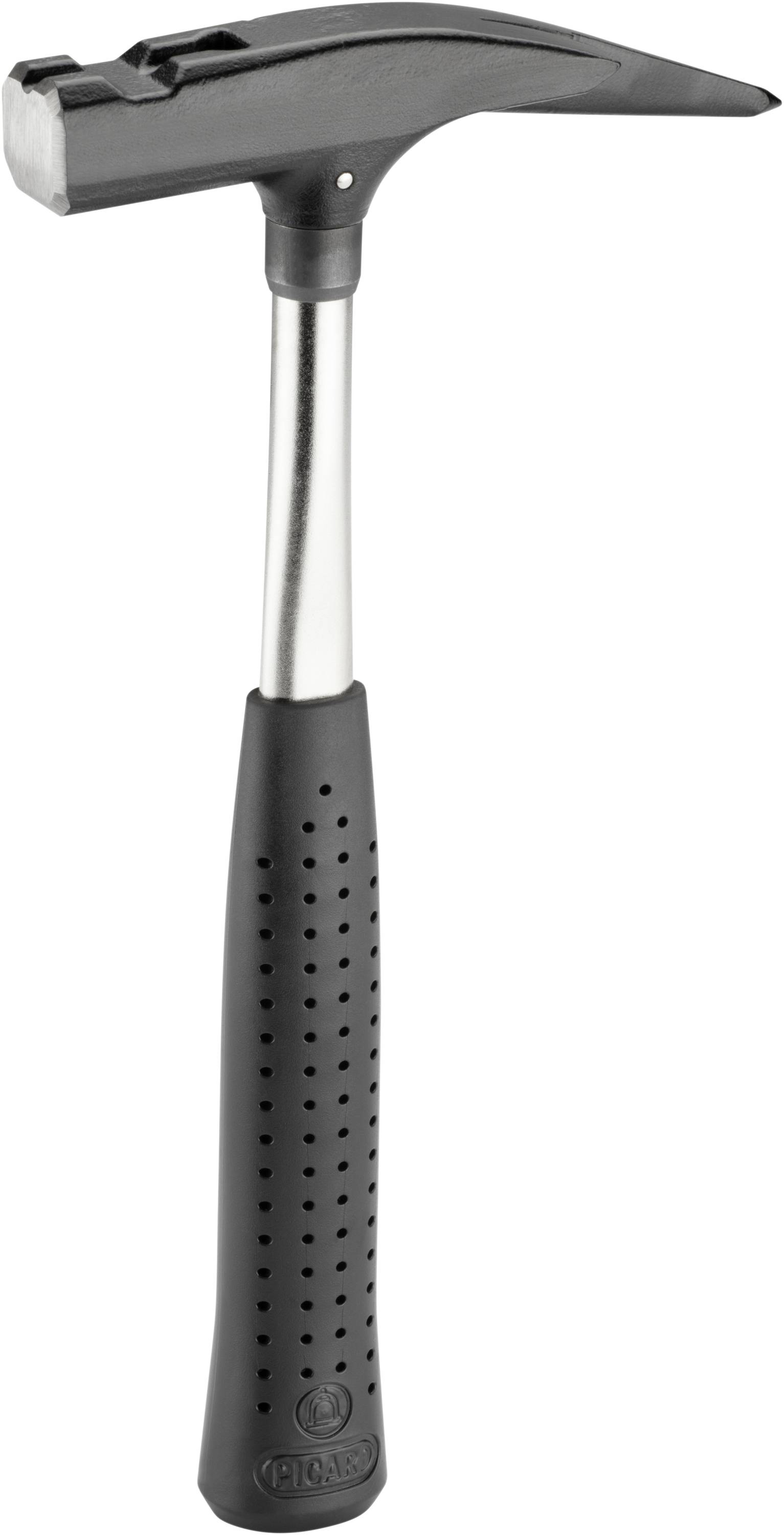 A carpenter's hammer with a long, curved metal head and an ergonomic, black handle, suitable for removing and driving in nails.