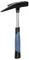 A silver hammer with a blue, rubber-coated handle and a black head. Suitable for manual craftwork.