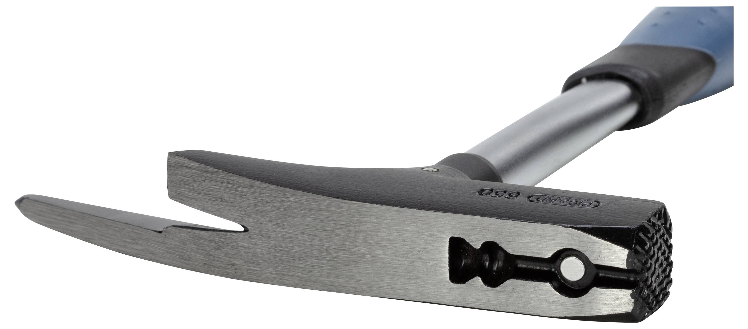 A steel hammer with a blue handle and a nail puller on the back of the head. The head is black and glossy.