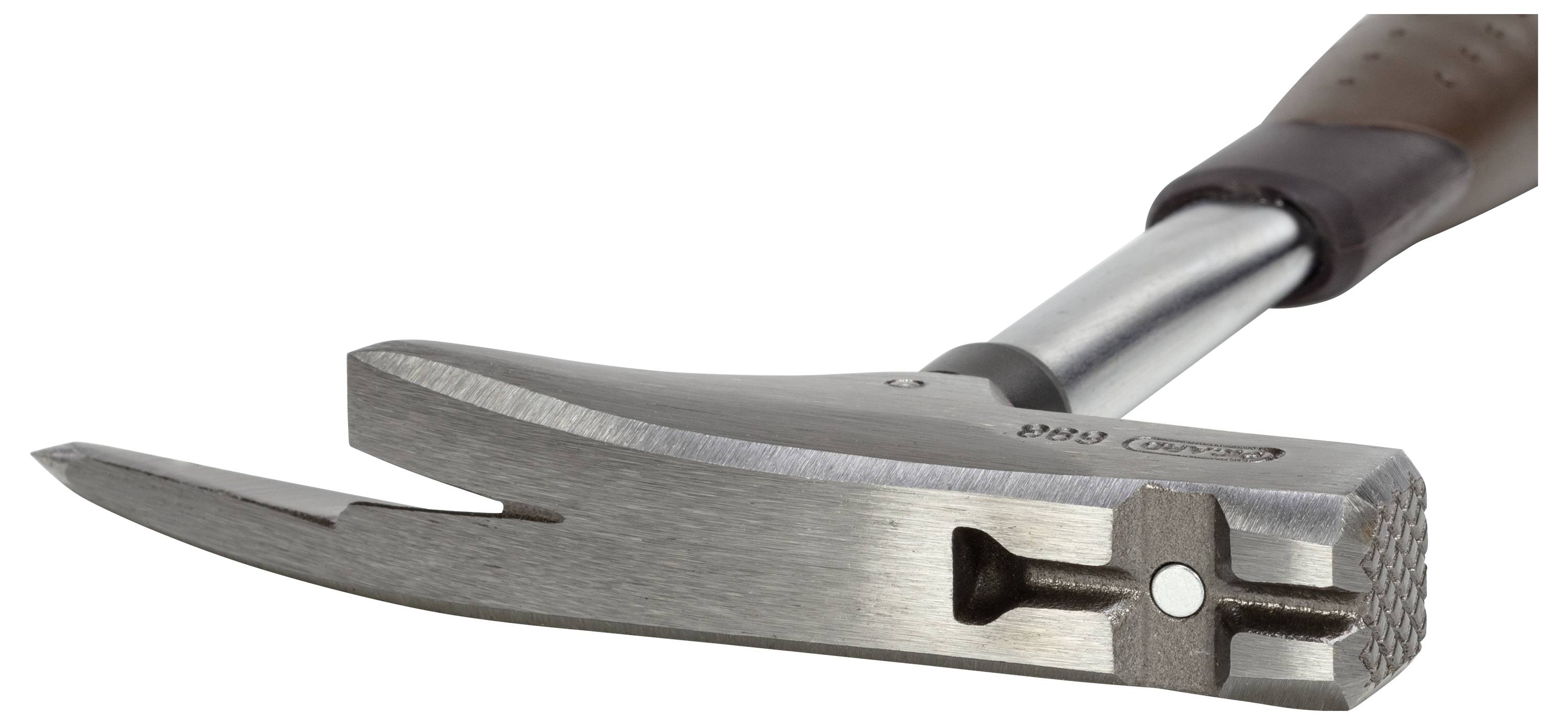 A silver slate hammer with a wooden handle and a sharpened point for working with roofing slate.