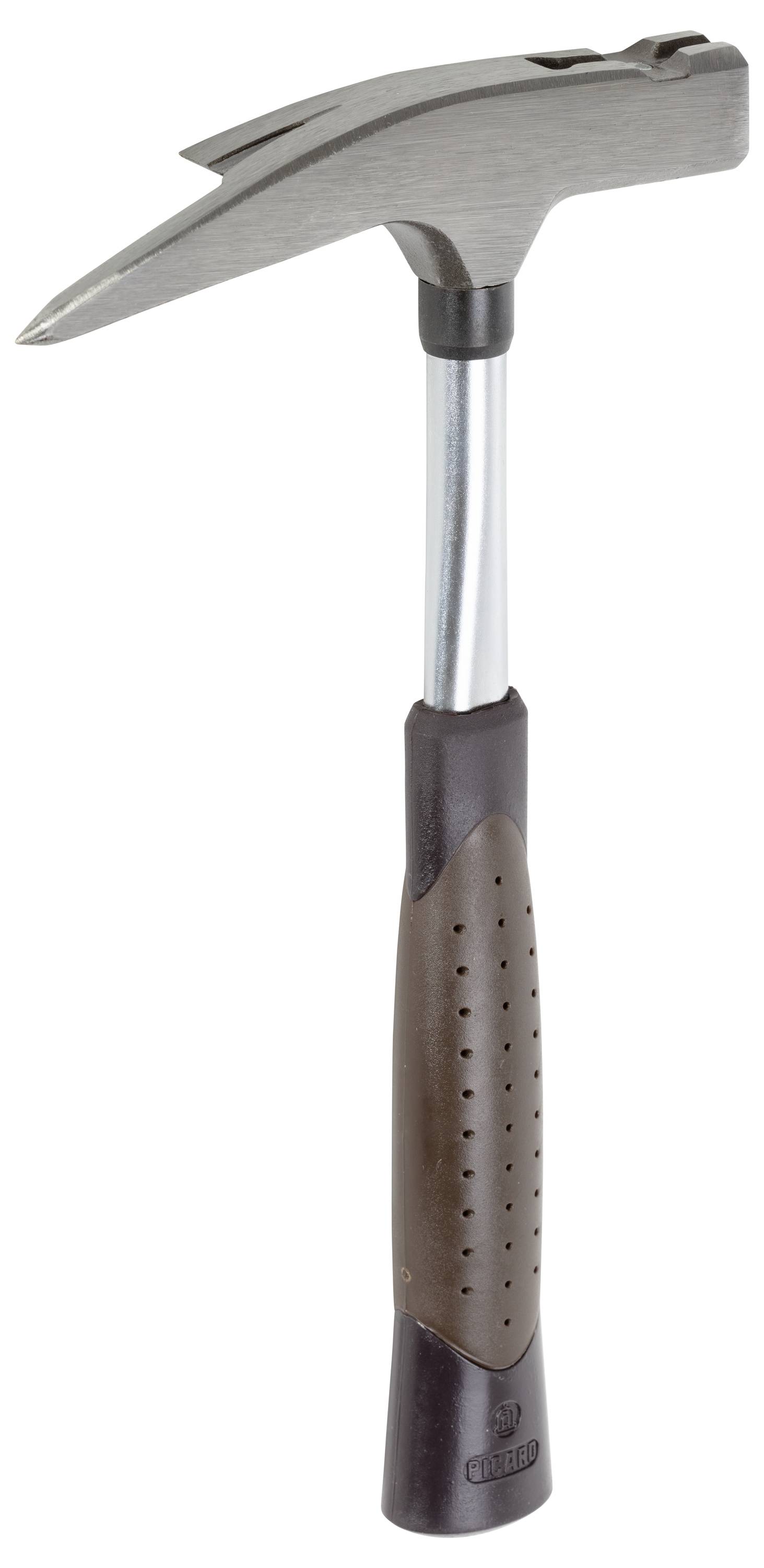 A hammer with an ergonomic handle and a metallic head, specifically designed for roofing work.