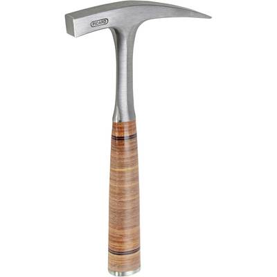 A geological hammer with a wooden-clad handle and a pointed edge. Suitable for breaking open rock.
