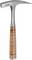 A geological hammer with a wooden-clad handle and a pointed edge. Suitable for breaking open rock.