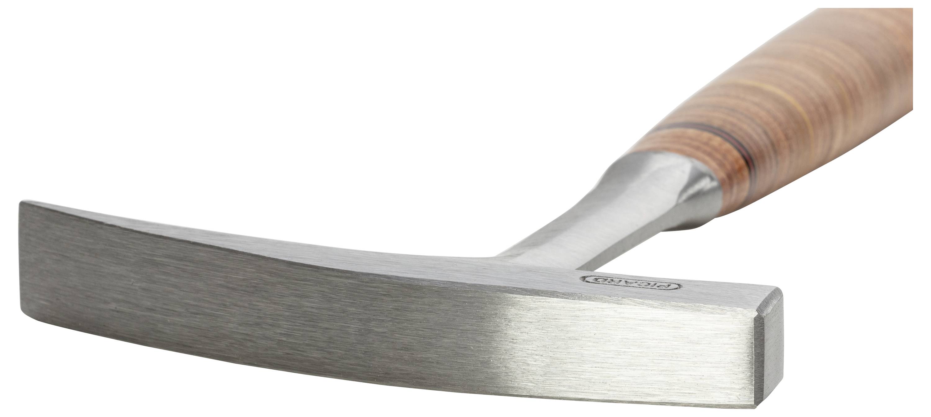 A small hammer with a wooden handle, suitable for metalworking. Large, flat steel head for precise strikes.