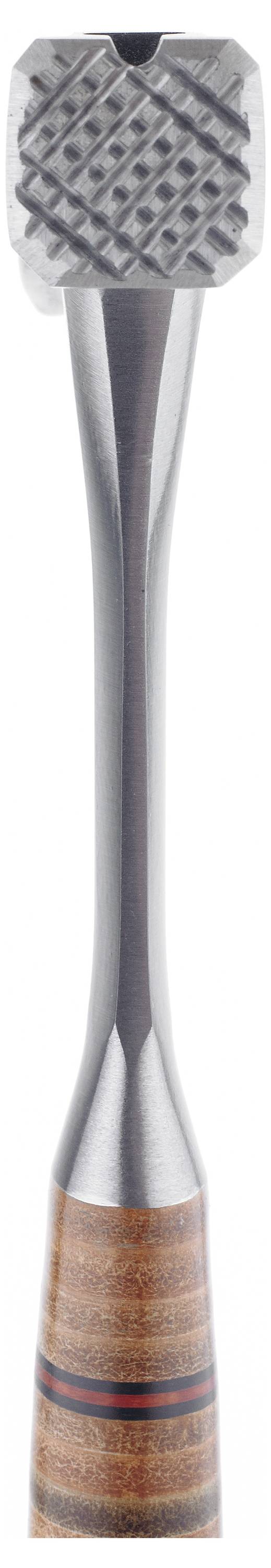 A stainless steel meat tenderiser with a wooden handle.