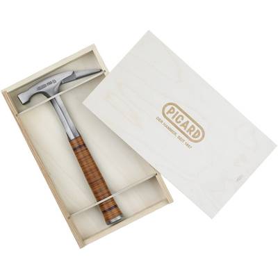 A hammer with a wooden handle in a wooden box, packaged by the brand 'Picard', which has been manufacturing hammers since 1857.