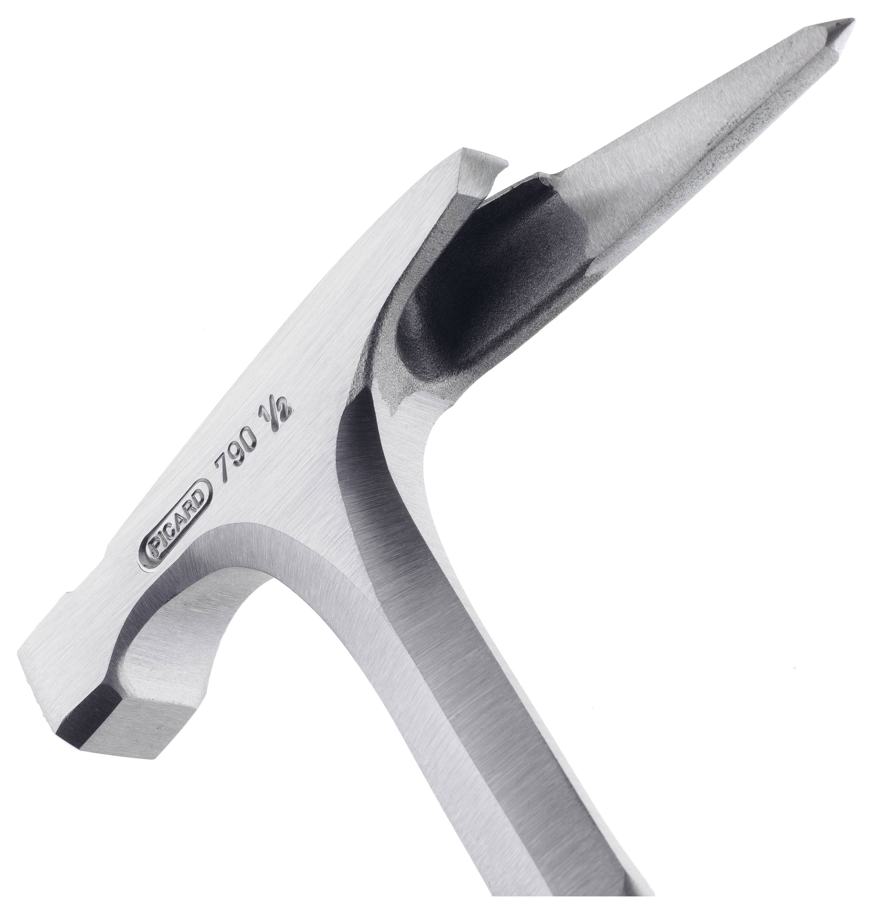 Hammer with a pointed head and rectangular face, made of gleaming metal, with an ergonomic handle. Suitable for precision work and carpentry. 'PICARD' brand name on the side.