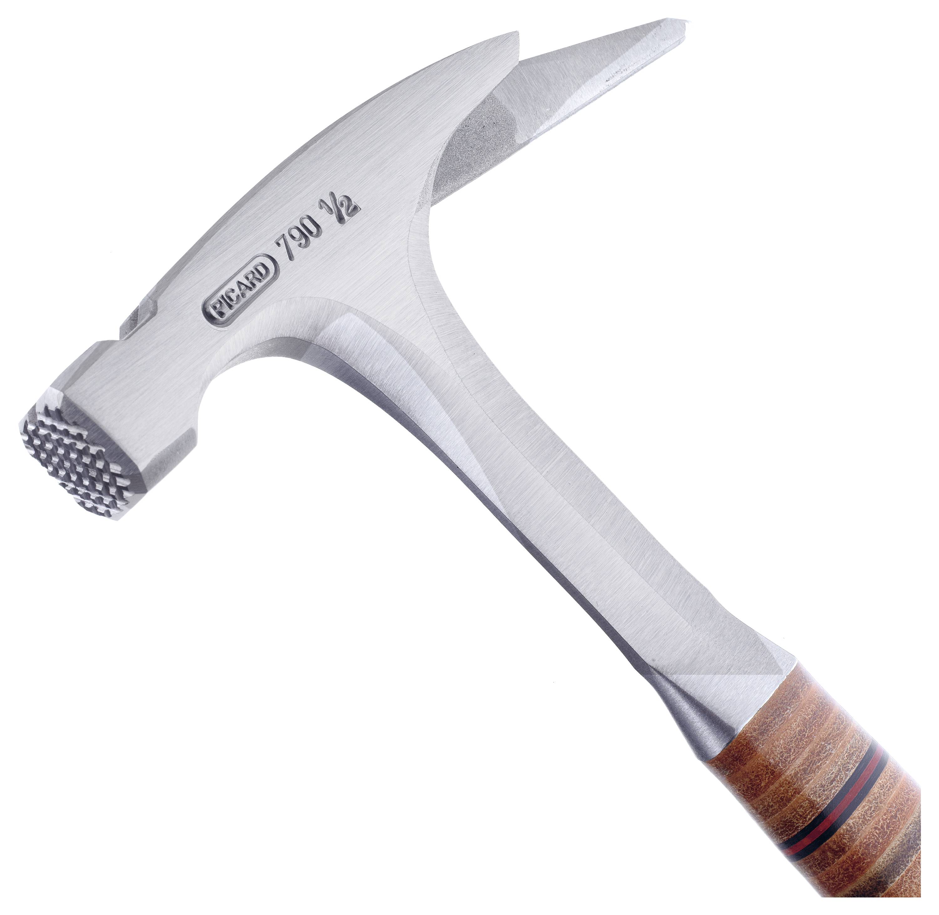 A silver metalworking hammer with a wooden handle, model 'PICARD 790 1/2', lies sideways.