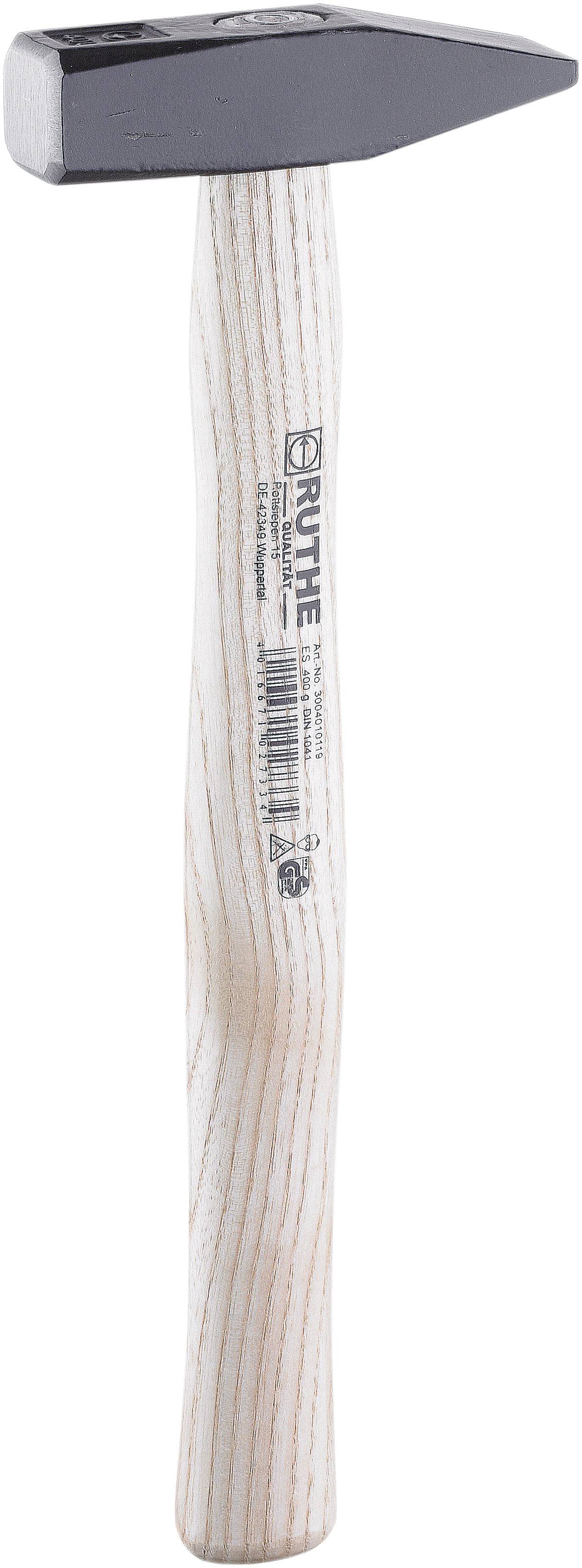 A hammer with a wooden handle and a metal head, which is rounded on the left side and flat on the right side.