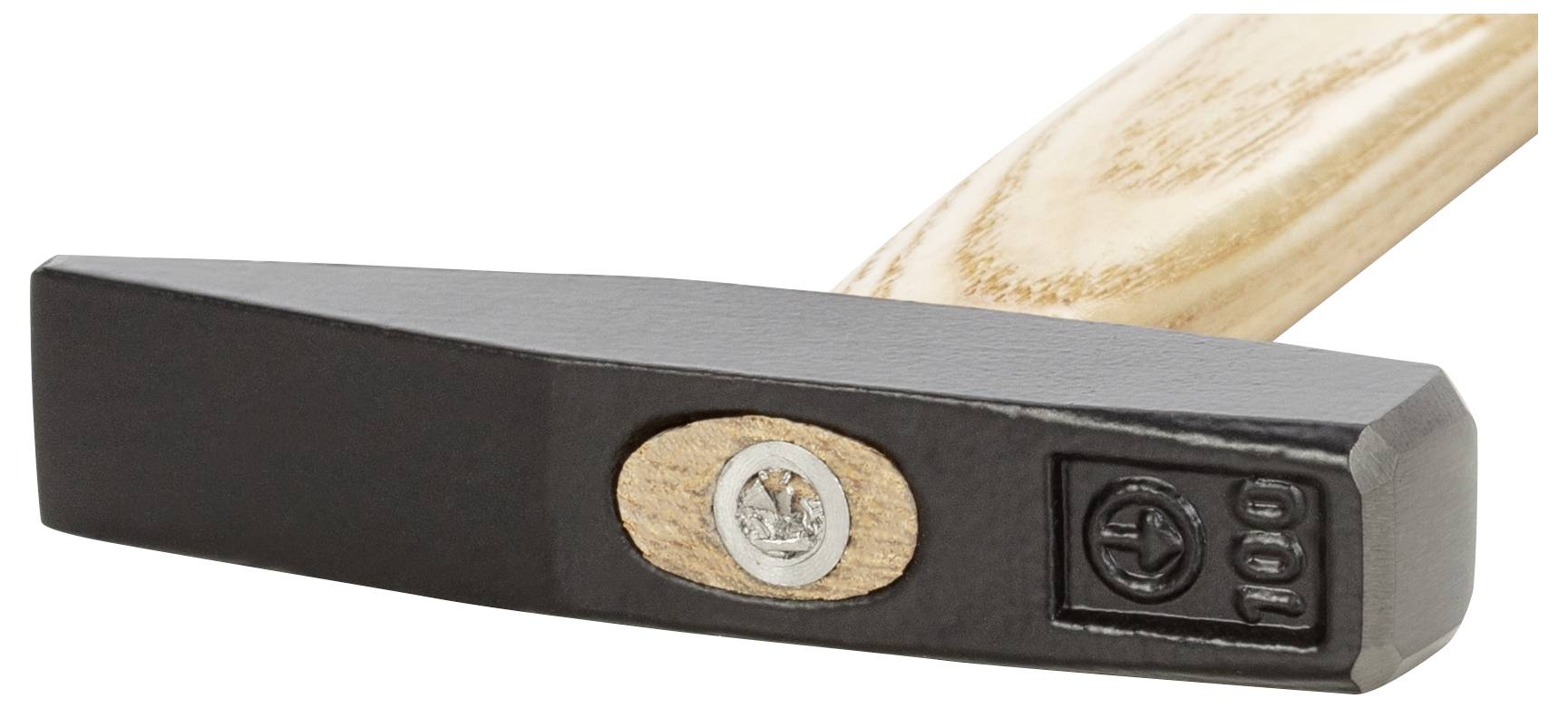 A flat, black hammer head with a wooden handle, perfect for carpentry work.