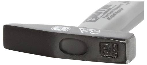 Black metal hammer with a rectangular head and manufacturer markings, lying on a white background.