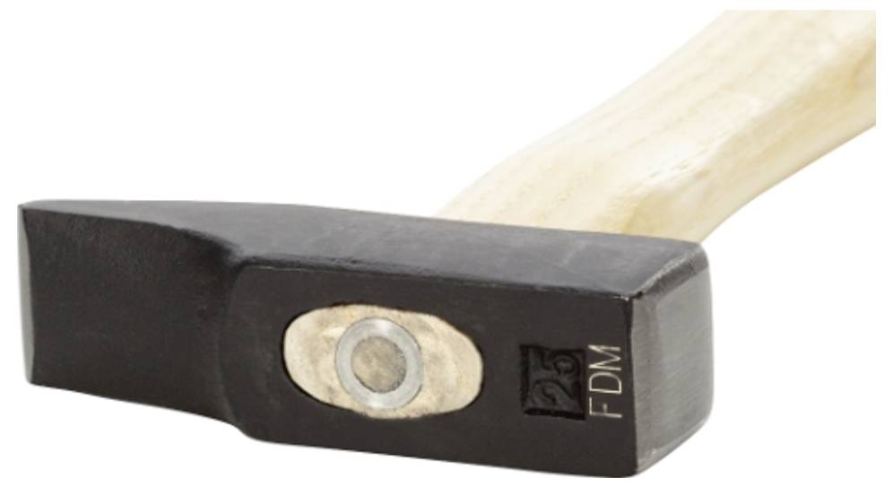 A hammer with a wooden handle and a black steel head, marked with 'FDM'.