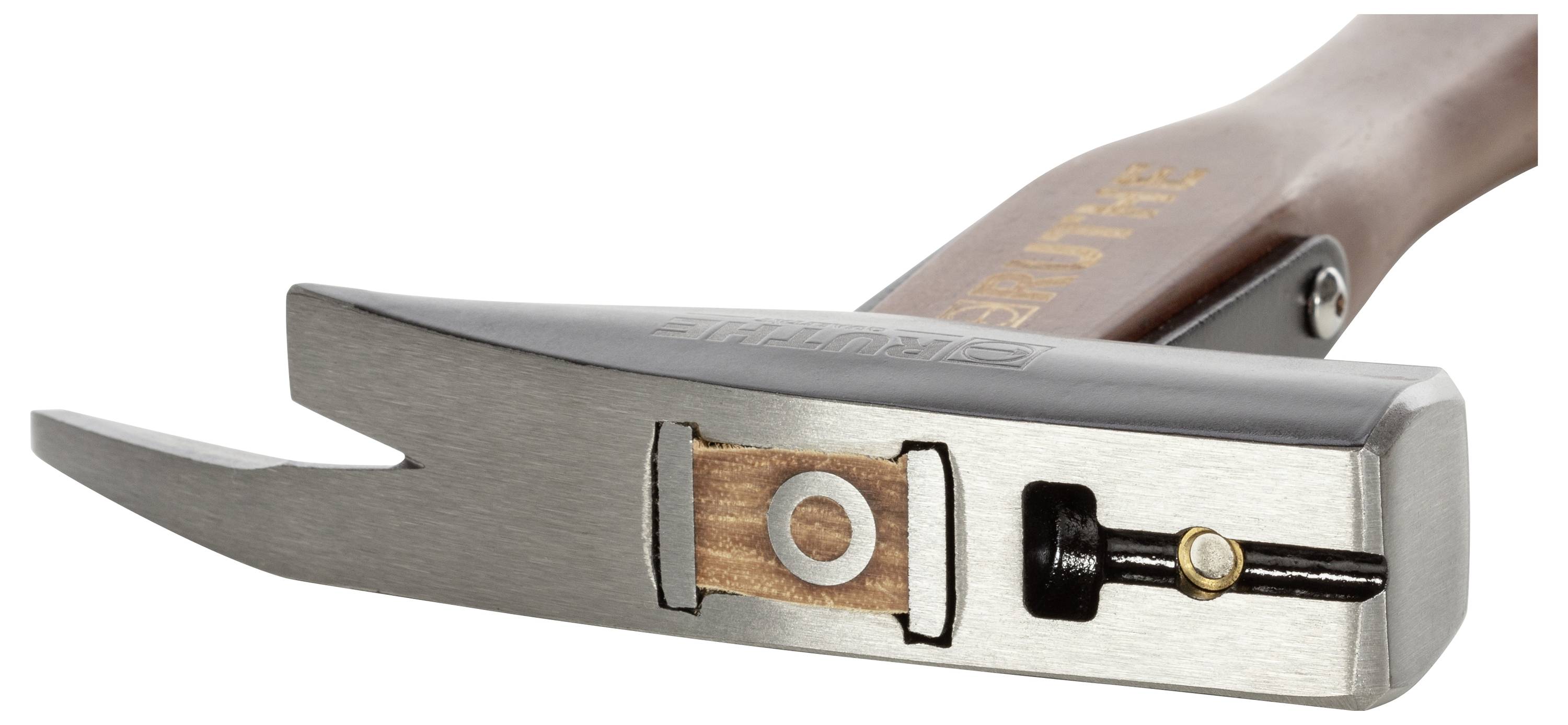 Hammer with nail puller and metal head, detailed view of a patented mechanism for nail removal, attached to a wooden handle.