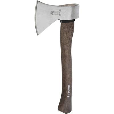 Axe with a metallic head and dark brown wooden handle, vertical view.