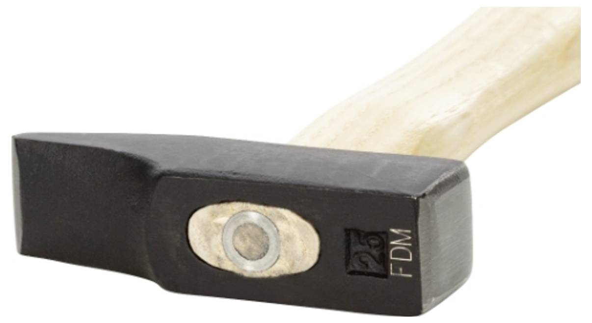 Wooden hammer with metal head, engraved with 'FDM'.