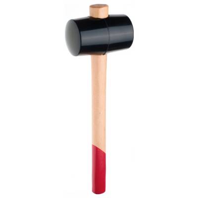A black rubber mallet with a long wooden handle, its bottom end coloured red. The hammer is presented vertically.