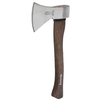 A small axe with a wooden handle and a silver blade, suitable for woodwork and camping.