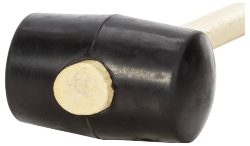 A rubber mallet with a black head and light wooden handle, suitable for gentle hammering without damaging the surface.