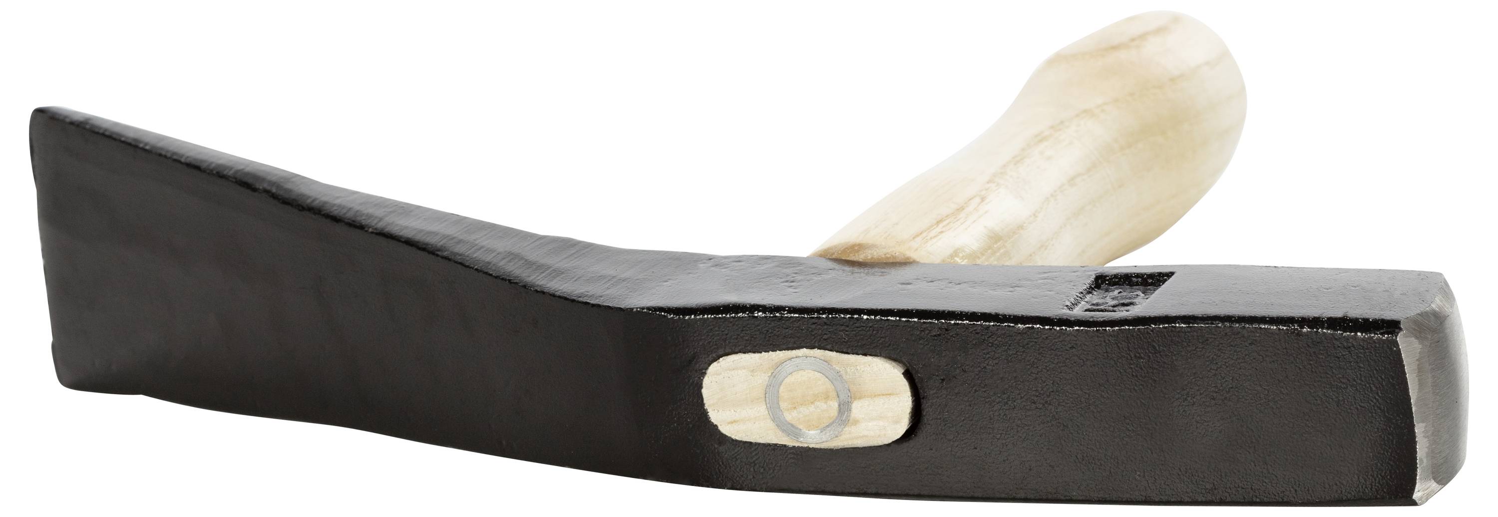 A hammer with a wooden handle and a black metal head is lying on a white surface.