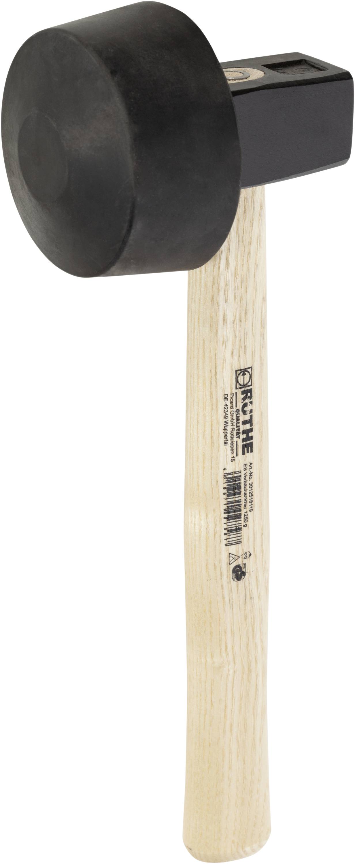 A wooden hammer with a black rubber head, suitable for working without damaging surfaces, such as tiles or furniture.