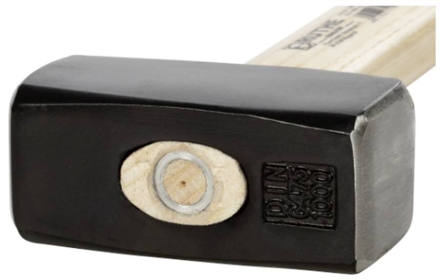 A sledgehammer with a black head and a wooden handle, suitable for smashing materials during construction or demolition.